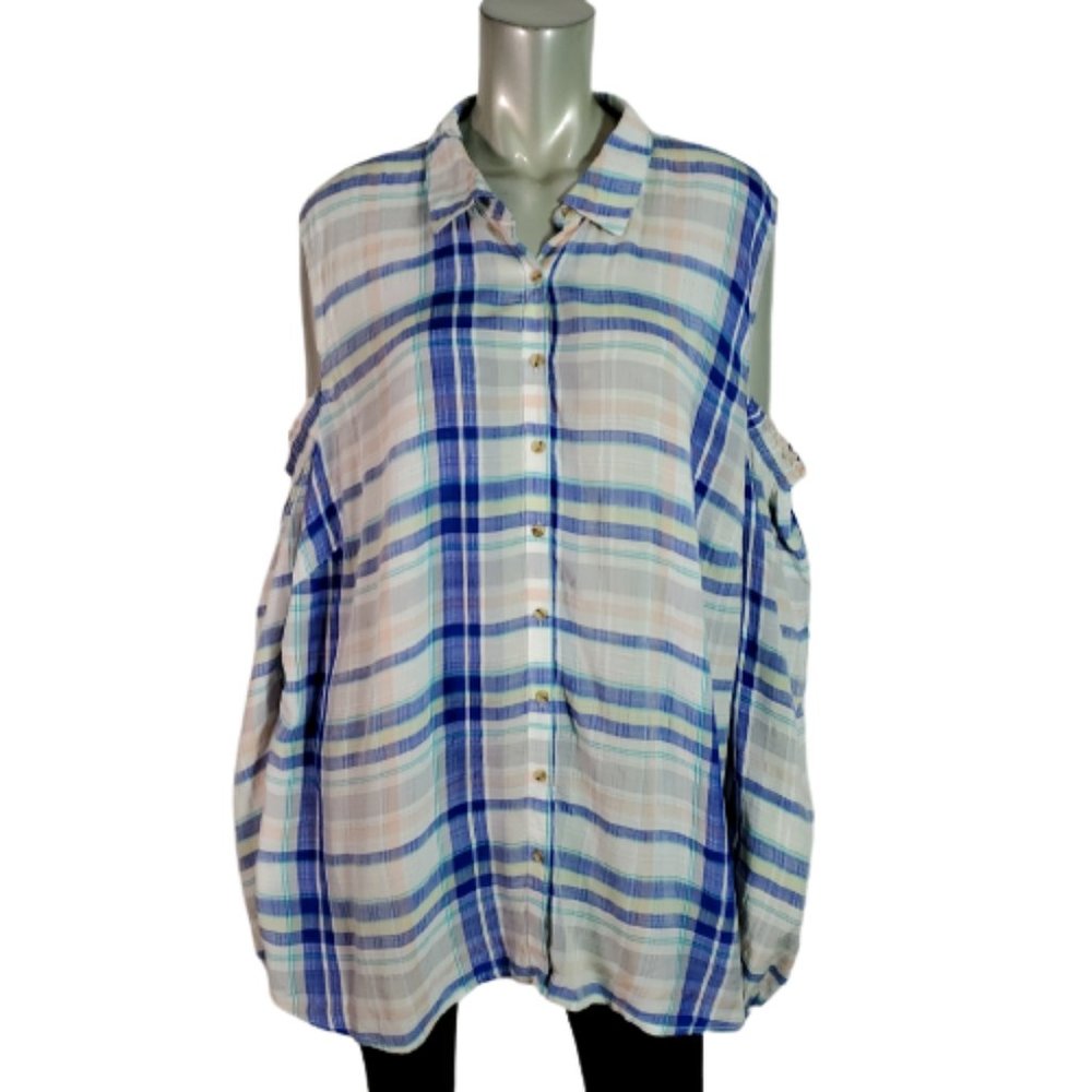 Maurices Womens Shirt Plus Size 3X Tunic Cold Shoulder Lightweight‎ Plaid Blue